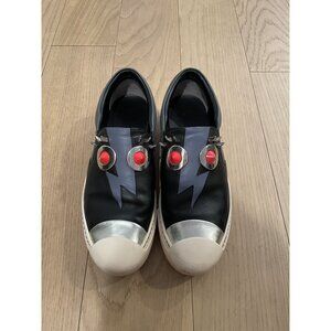 Fendi Black Leather Slip-On Sneakers With Lightning Bolt Design & Red Stud Accen